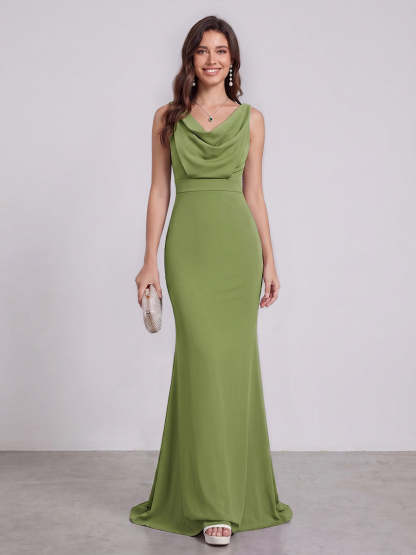 Trumpet Mermaid Cowl Neck Sleeveless Floor Length Bridesmaid Dresses With Ruched