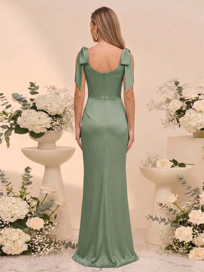 Trumpet Mermaid Cowl Neck Sleeveless Floor Length Bridesmaid Dresses With Bowknot Ruched