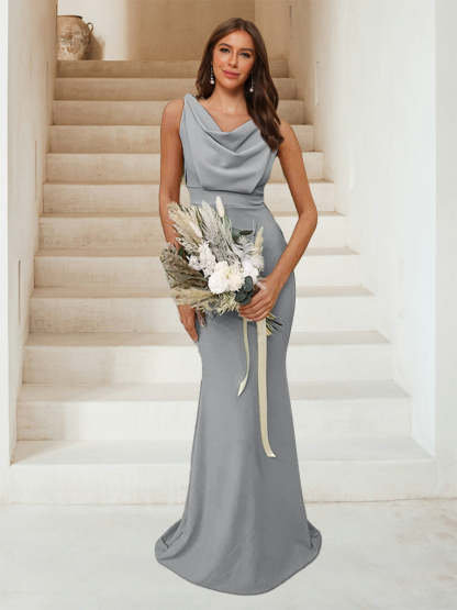 Trumpet Mermaid Cowl Neck Sleeveless Ruched Bridesmaid Dresses