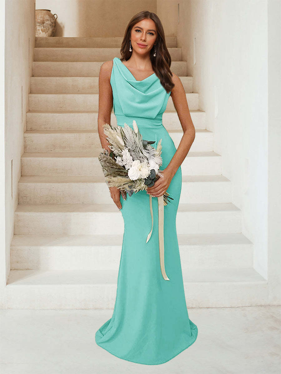 Trumpet Mermaid Cowl Neck Sleeveless Ruched Bridesmaid Dresses