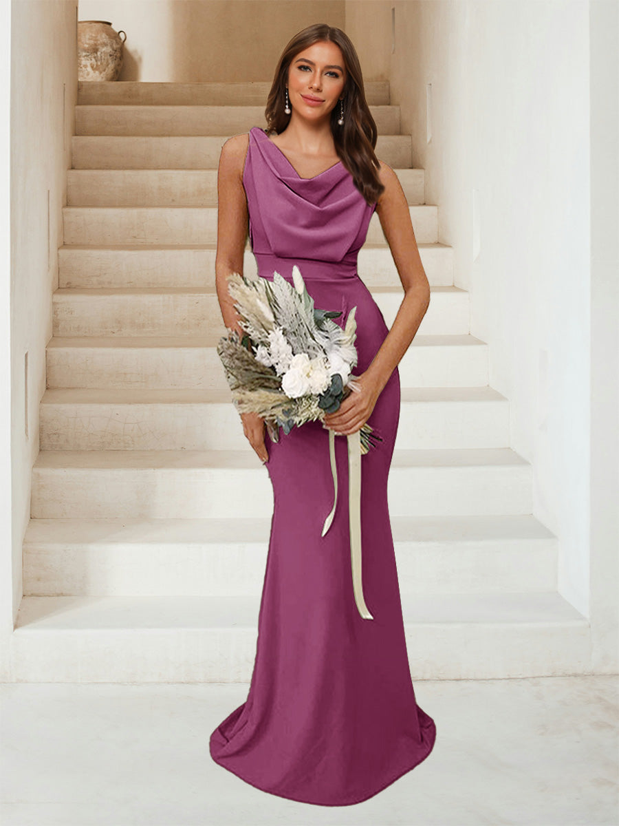 Trumpet Mermaid Cowl Neck Sleeveless Ruched Bridesmaid Dresses