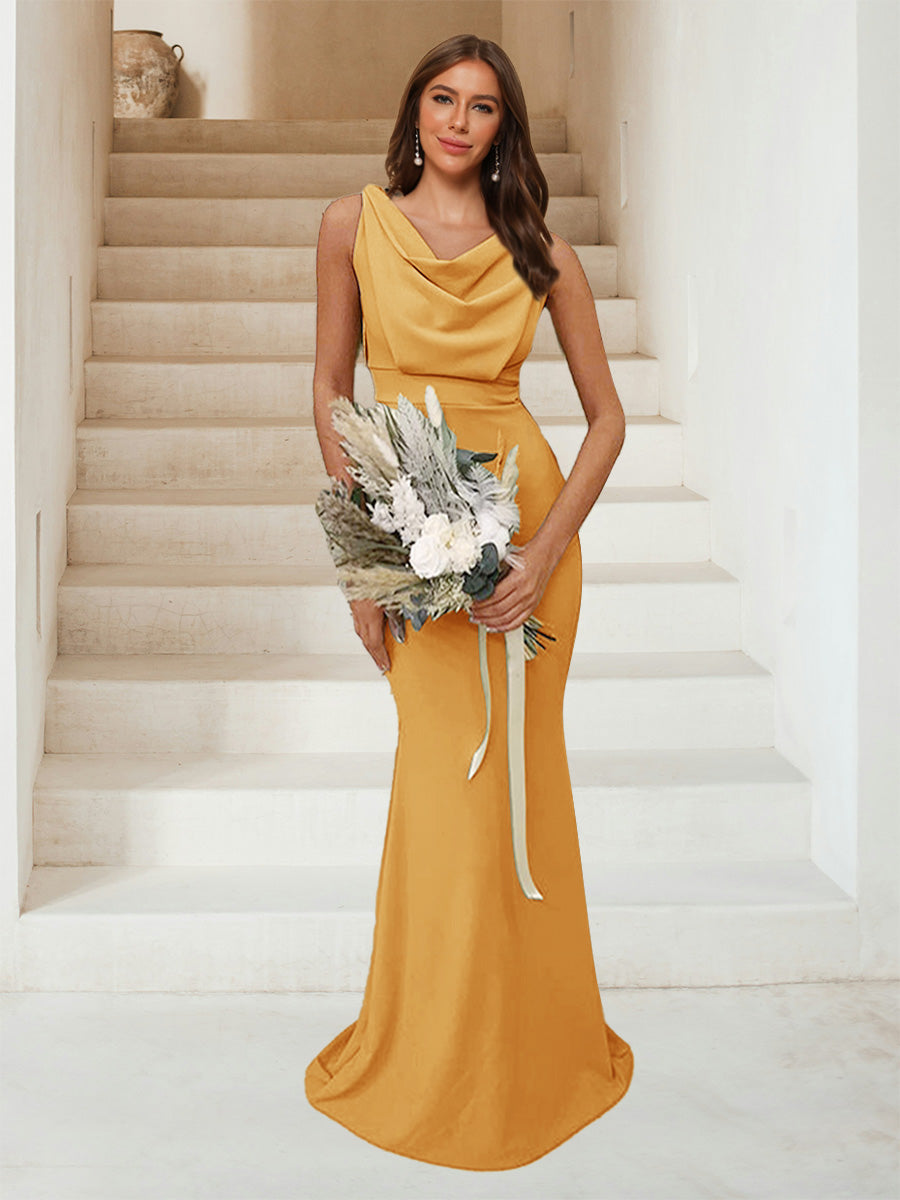 Trumpet Mermaid Cowl Neck Sleeveless Ruched Bridesmaid Dresses