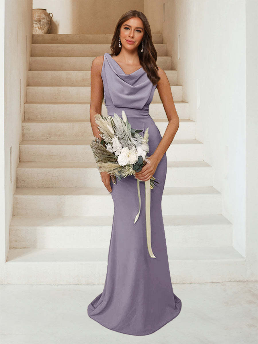 Trumpet Mermaid Cowl Neck Sleeveless Ruched Bridesmaid Dresses