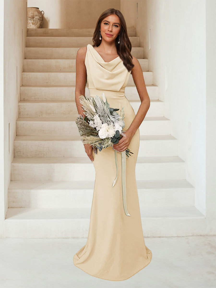 Trumpet Mermaid Cowl Neck Sleeveless Ruched Bridesmaid Dresses