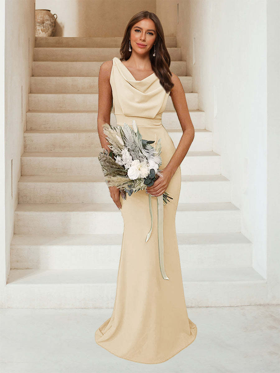 Trumpet Mermaid Cowl Neck Sleeveless Ruched Bridesmaid Dresses