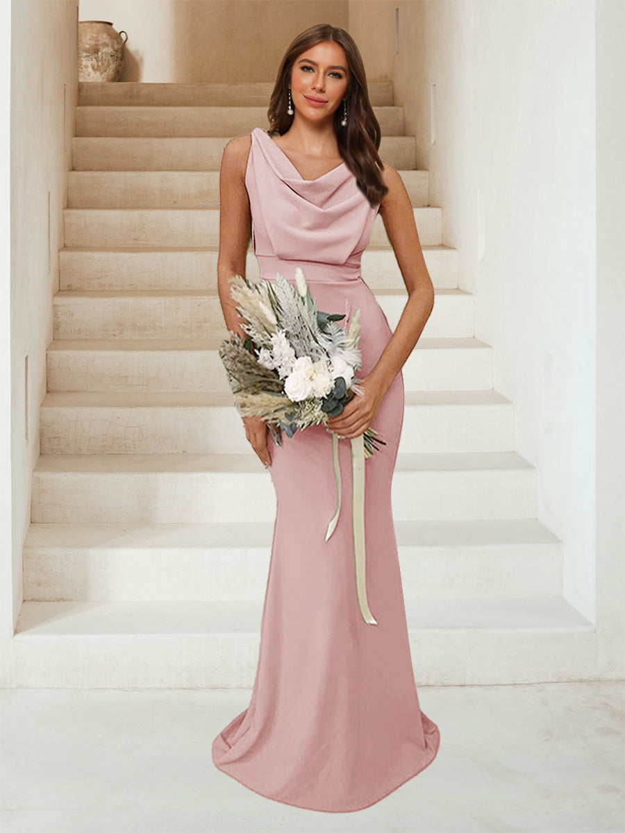 Trumpet Mermaid Cowl Neck Sleeveless Ruched Bridesmaid Dresses