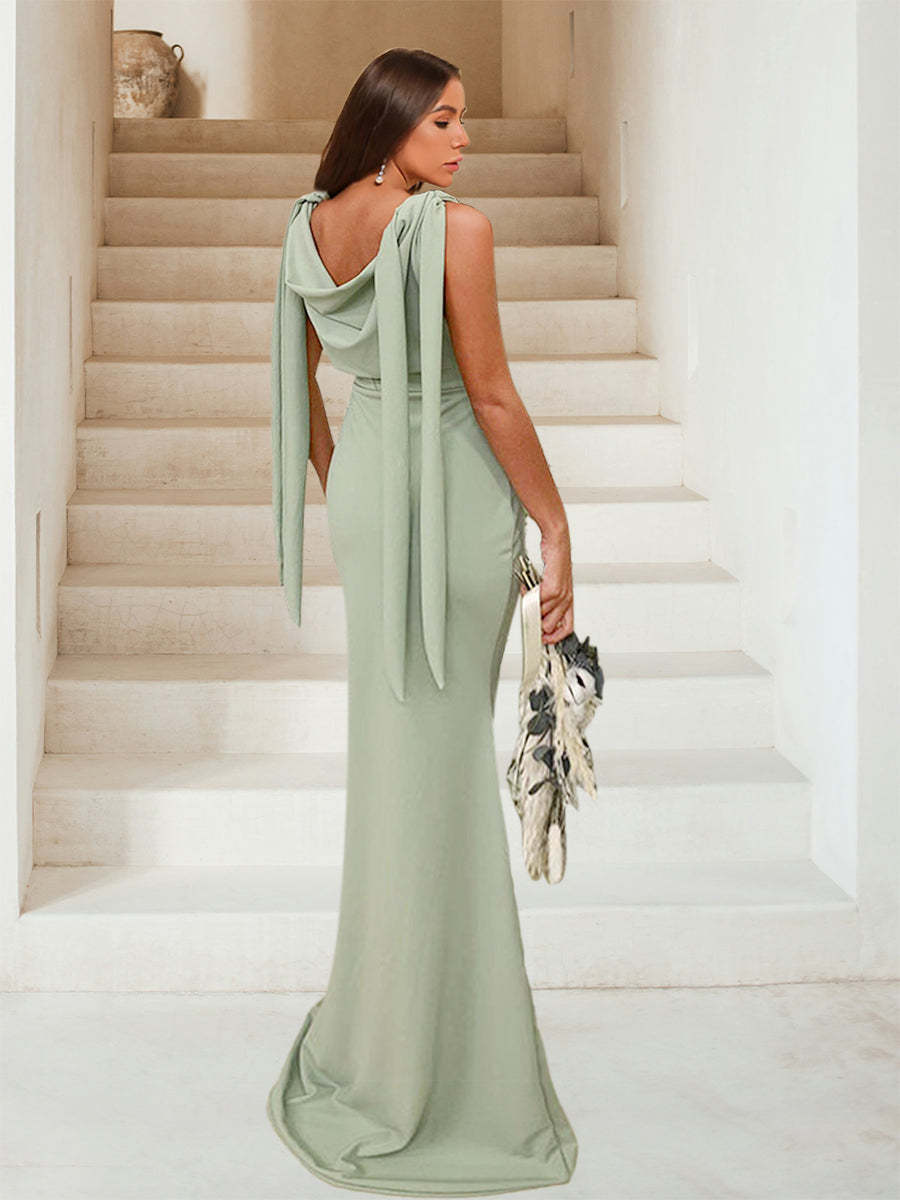 Trumpet Mermaid Cowl Neck Sleeveless Ruched Bridesmaid Dresses