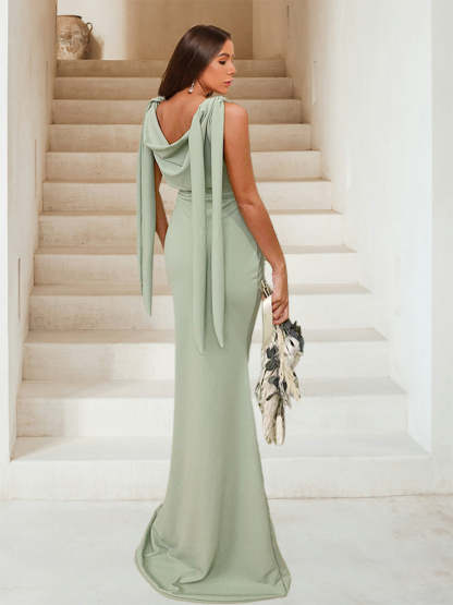 Trumpet Mermaid Cowl Neck Sleeveless Ruched Bridesmaid Dresses
