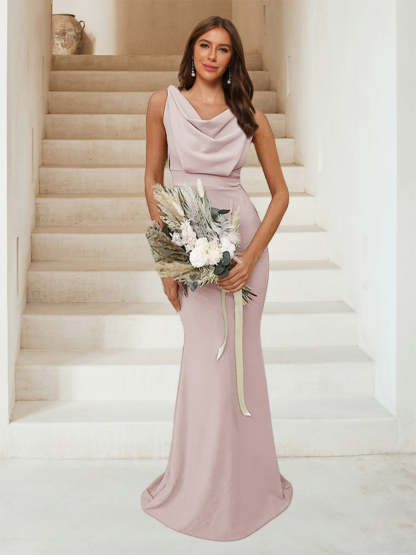 Trumpet Mermaid Cowl Neck Sleeveless Ruched Bridesmaid Dresses