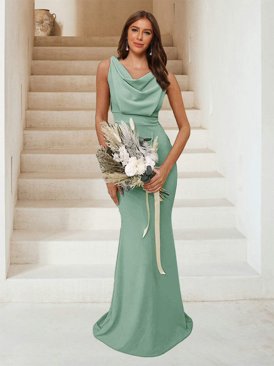 Trumpet Mermaid Cowl Neck Sleeveless Ruched Bridesmaid Dresses