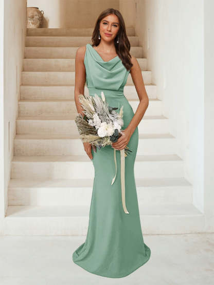 Trumpet Mermaid Cowl Neck Sleeveless Ruched Bridesmaid Dresses