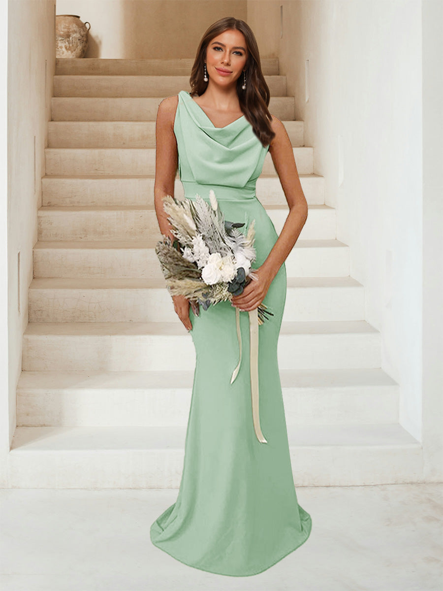 Trumpet Mermaid Cowl Neck Sleeveless Ruched Bridesmaid Dresses