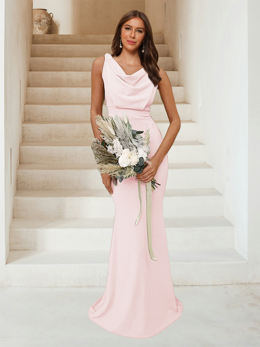 Trumpet Mermaid Cowl Neck Sleeveless Ruched Bridesmaid Dresses