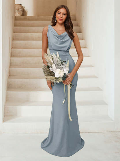Trumpet Mermaid Cowl Neck Sleeveless Ruched Bridesmaid Dresses