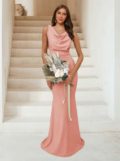 Trumpet Mermaid Cowl Neck Sleeveless Ruched Bridesmaid Dresses
