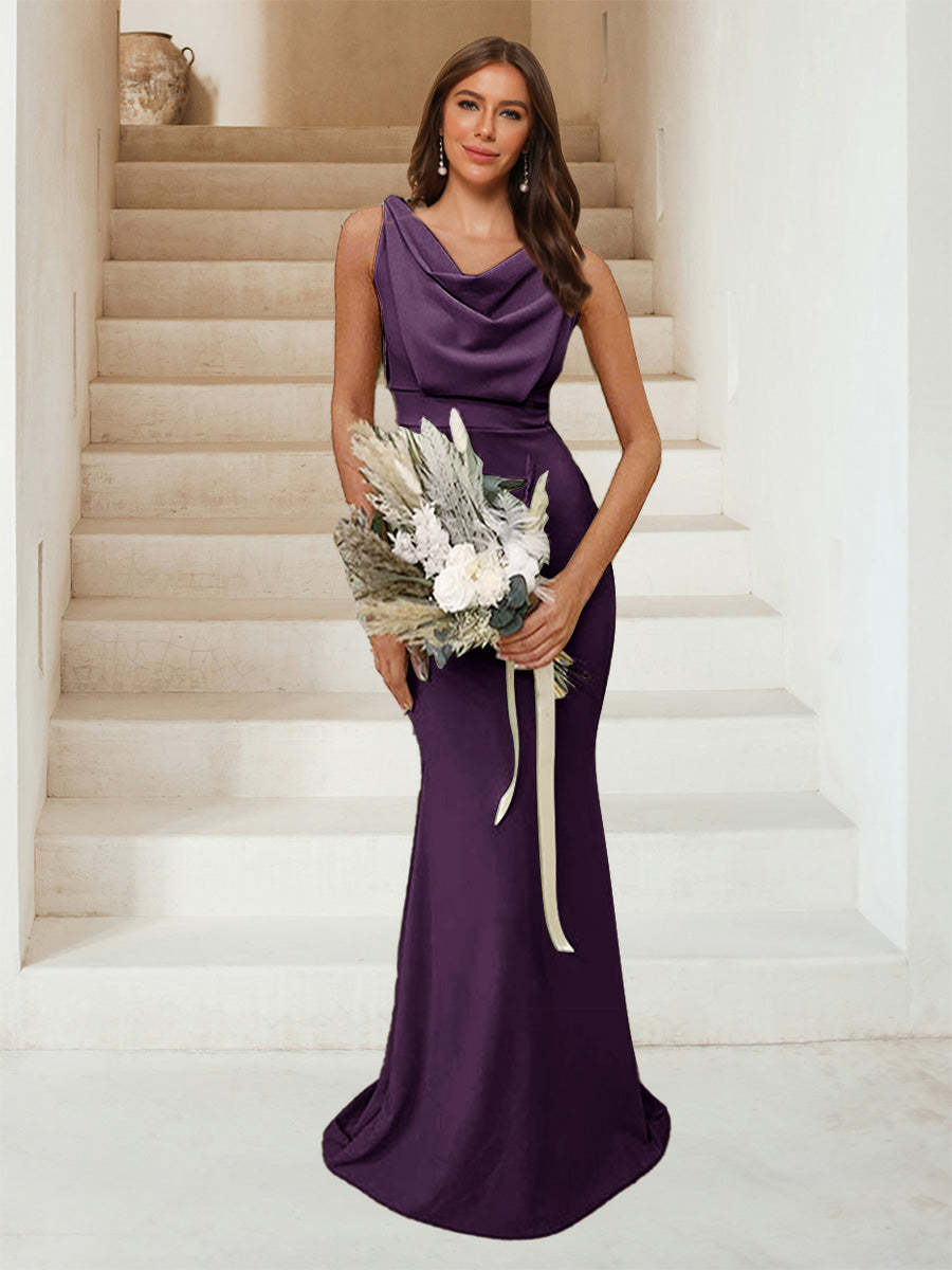 Trumpet Mermaid Cowl Neck Sleeveless Ruched Bridesmaid Dresses