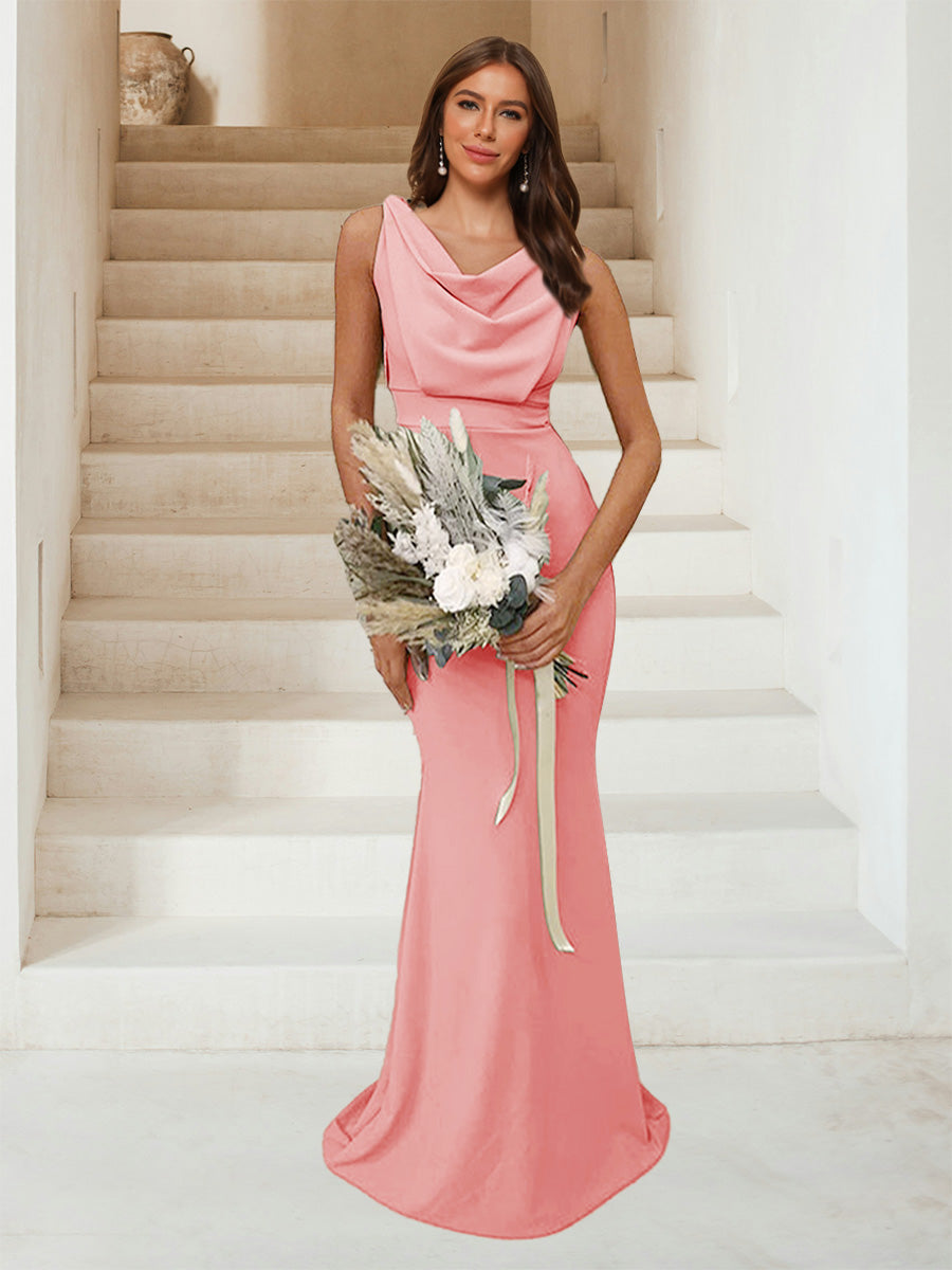 Trumpet Mermaid Cowl Neck Sleeveless Ruched Bridesmaid Dresses