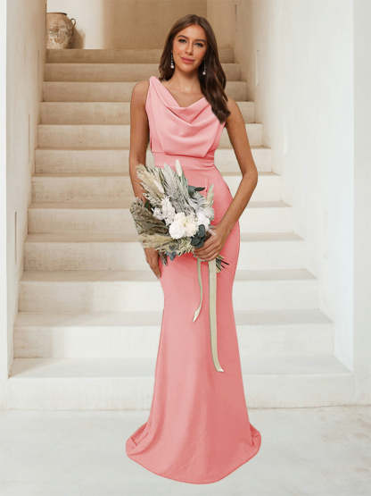 Trumpet Mermaid Cowl Neck Sleeveless Ruched Bridesmaid Dresses