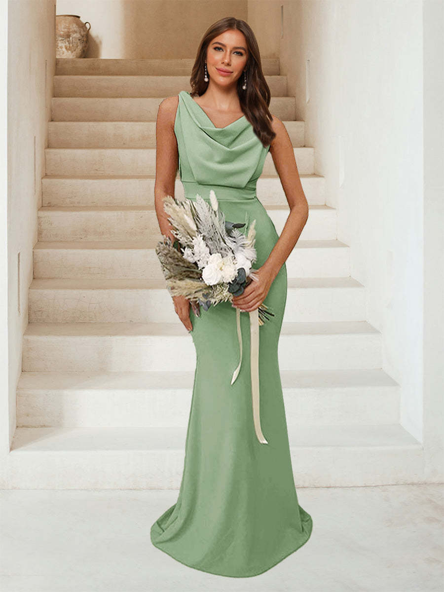 Trumpet Mermaid Cowl Neck Sleeveless Ruched Bridesmaid Dresses