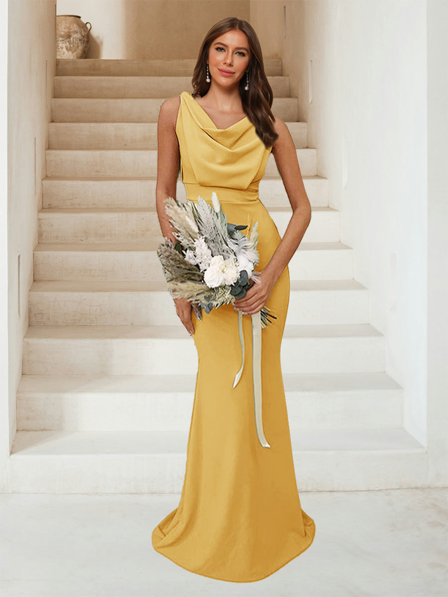 Trumpet Mermaid Cowl Neck Sleeveless Ruched Bridesmaid Dresses