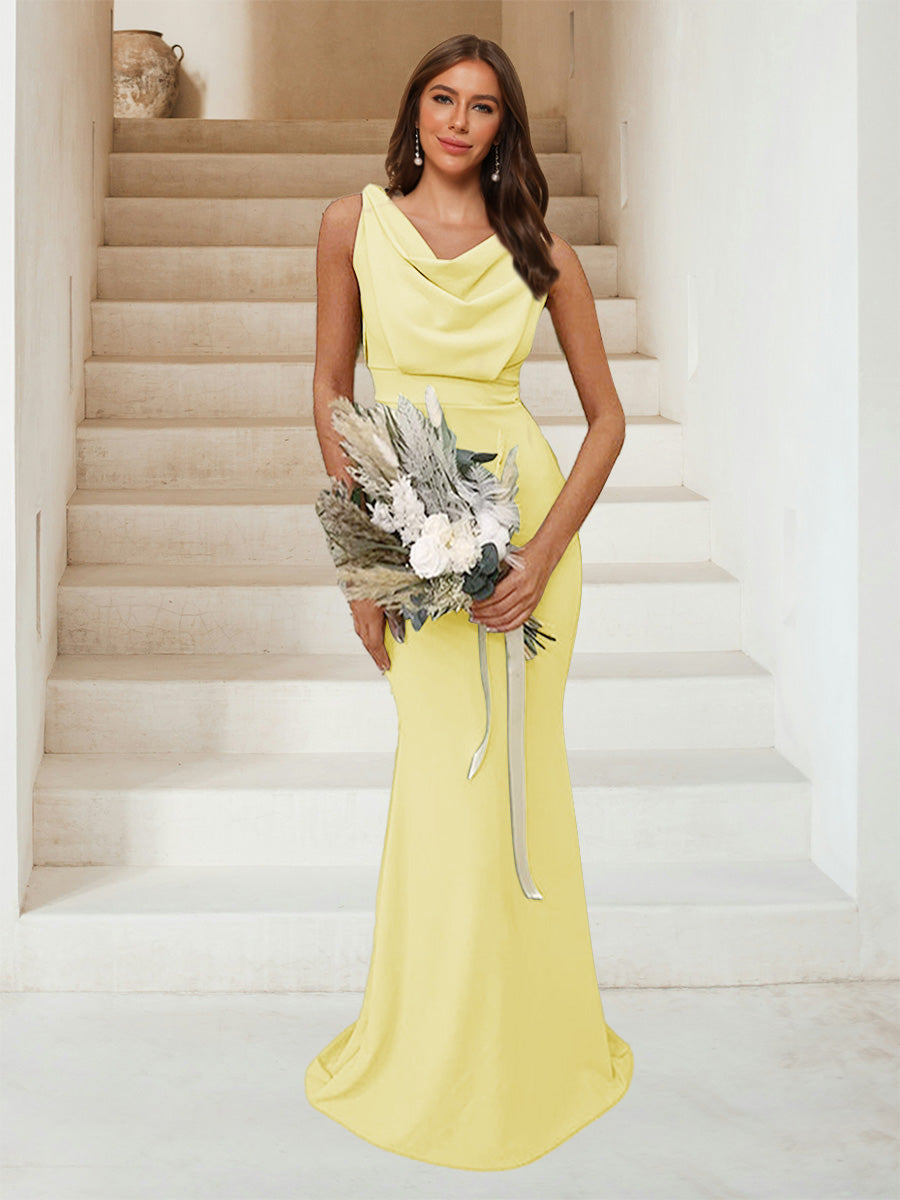 Trumpet Mermaid Cowl Neck Sleeveless Ruched Bridesmaid Dresses