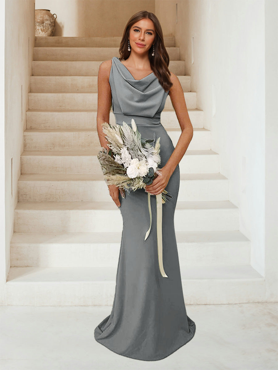Trumpet Mermaid Cowl Neck Sleeveless Ruched Bridesmaid Dresses