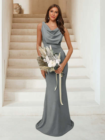 Trumpet Mermaid Cowl Neck Sleeveless Ruched Bridesmaid Dresses