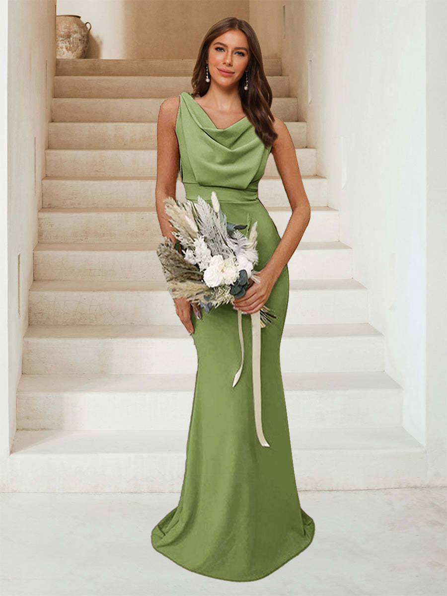 Trumpet Mermaid Cowl Neck Sleeveless Ruched Bridesmaid Dresses
