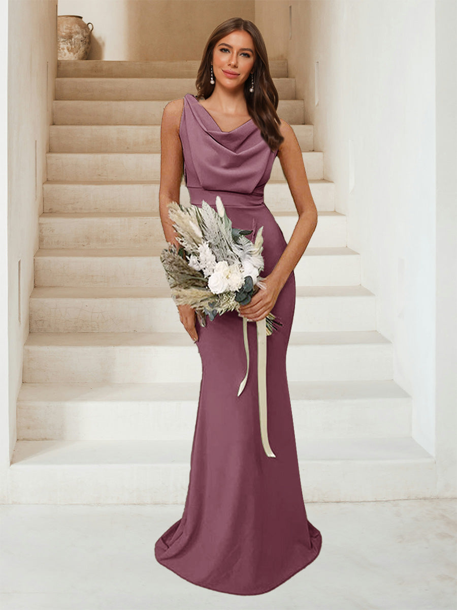 Trumpet Mermaid Cowl Neck Sleeveless Ruched Bridesmaid Dresses