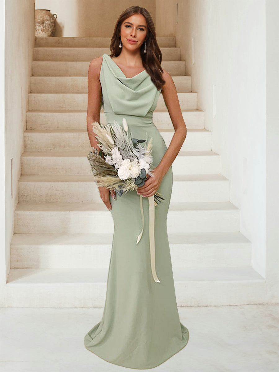Trumpet Mermaid Cowl Neck Sleeveless Ruched Bridesmaid Dresses