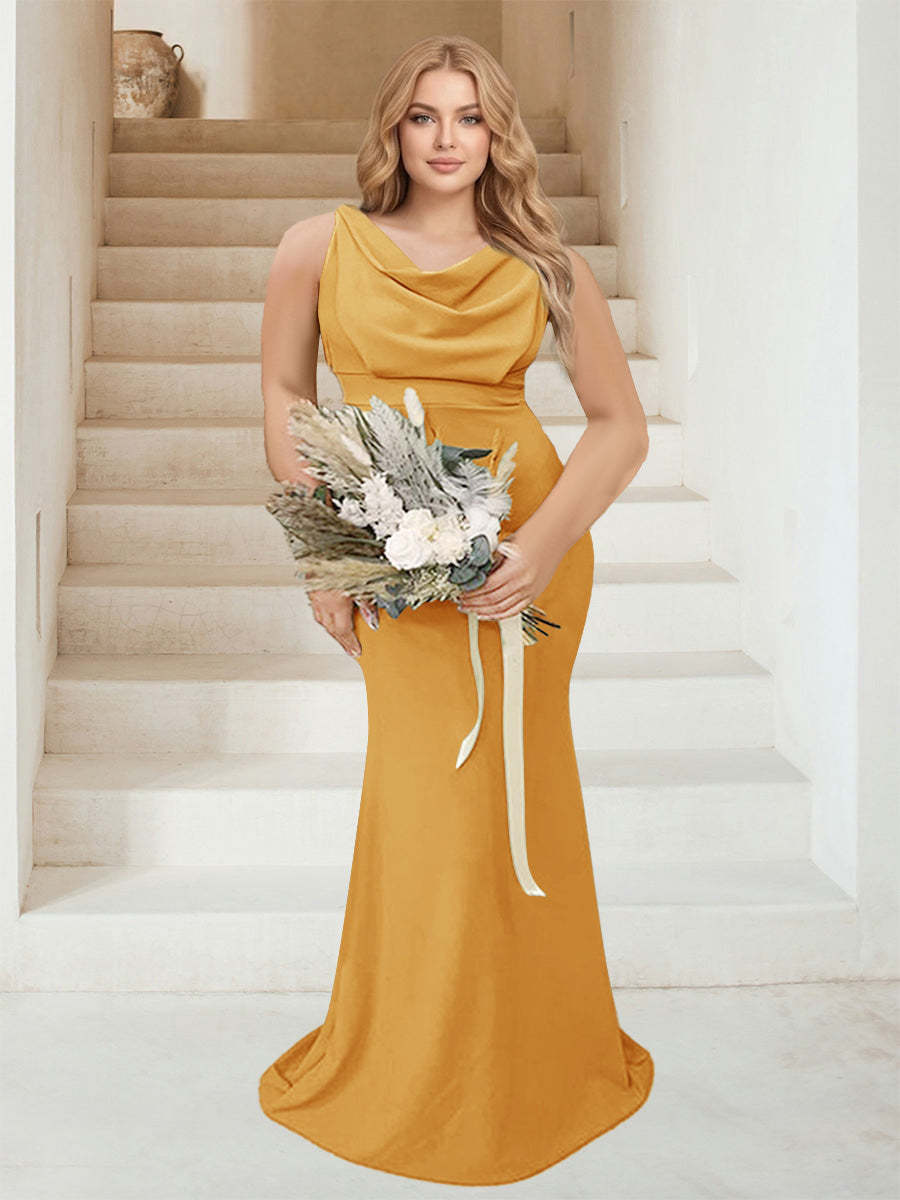 Trumpet Mermaid Cowl Neck Sleeveless Ruched Plus Size Bridesmaid Dresses