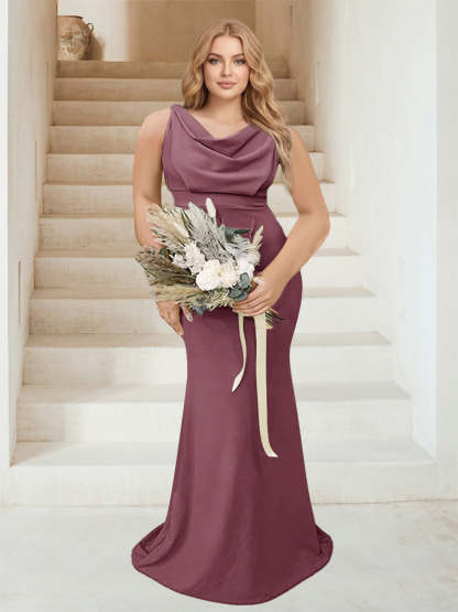 Trumpet Mermaid Cowl Neck Sleeveless Ruched Plus Size Bridesmaid Dresses