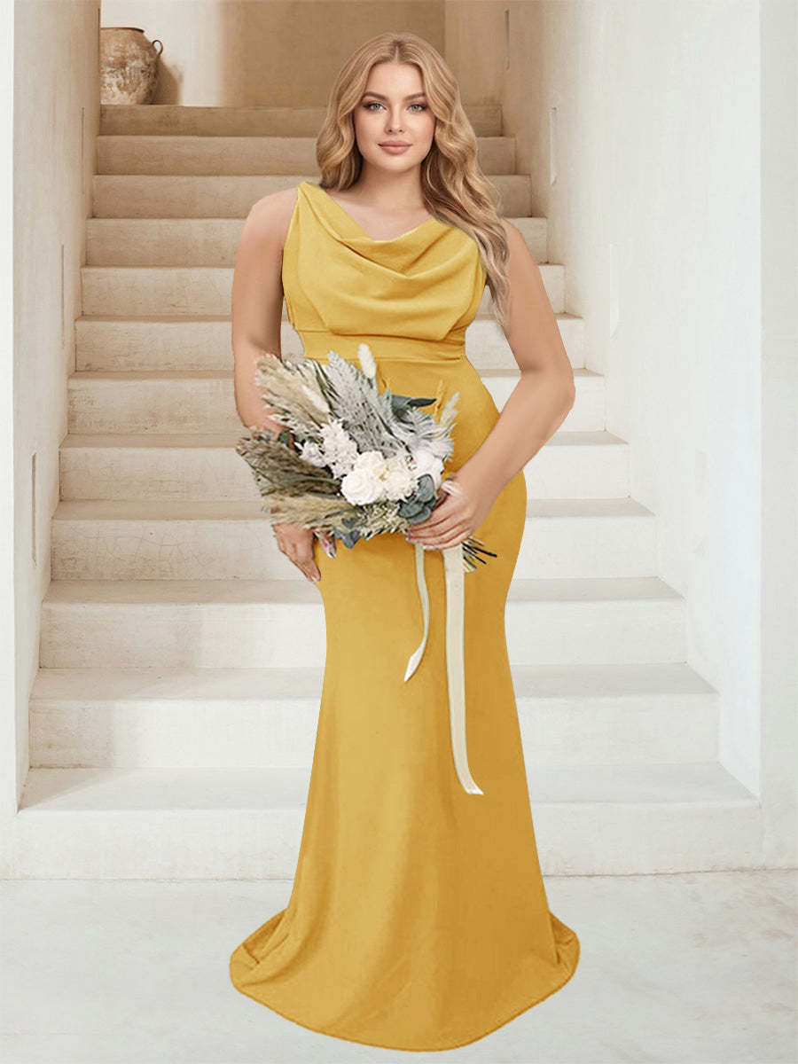 Trumpet Mermaid Cowl Neck Sleeveless Ruched Plus Size Bridesmaid Dresses