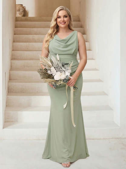 Trumpet Mermaid Cowl Neck Sleeveless Ruched Plus Size Bridesmaid Dresses