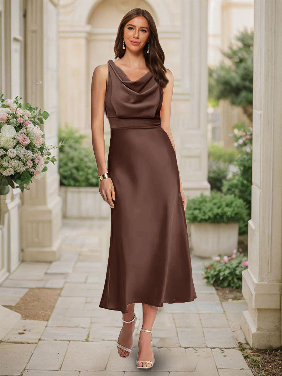 Trumpet Mermaid Cowl Neck Sleeveless Tea Length Ruched Bridesmaid Dresses