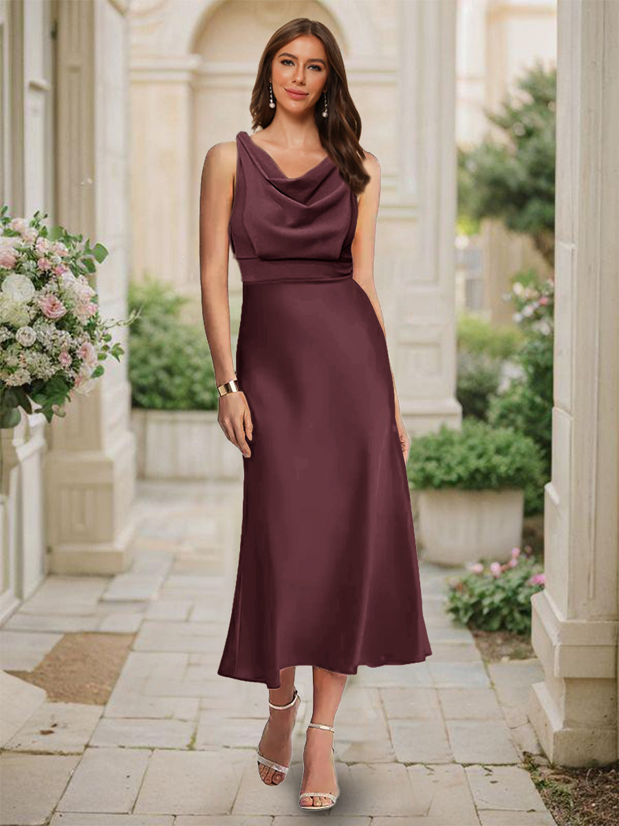 Trumpet Mermaid Cowl Neck Sleeveless Tea Length Ruched Bridesmaid Dresses