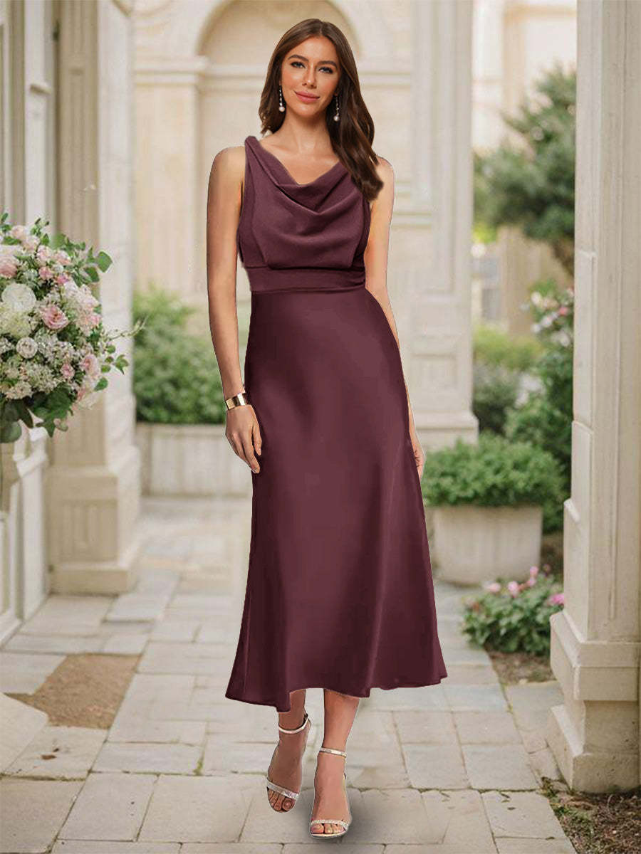 Trumpet Mermaid Cowl Neck Sleeveless Tea Length Ruched Bridesmaid Dresses