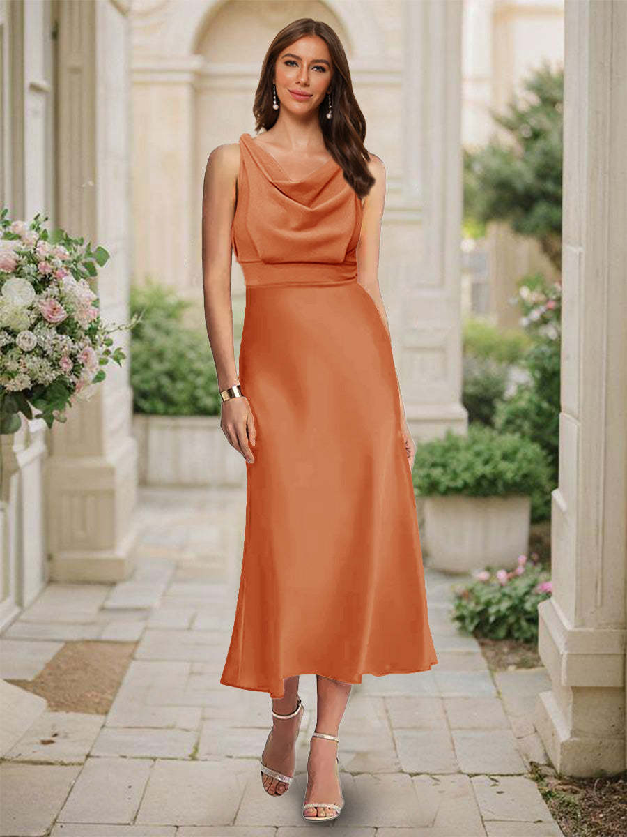 Trumpet Mermaid Cowl Neck Sleeveless Tea Length Ruched Bridesmaid Dresses