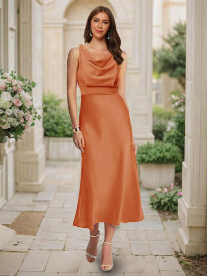 Trumpet Mermaid Cowl Neck Sleeveless Tea Length Ruched Bridesmaid Dresses