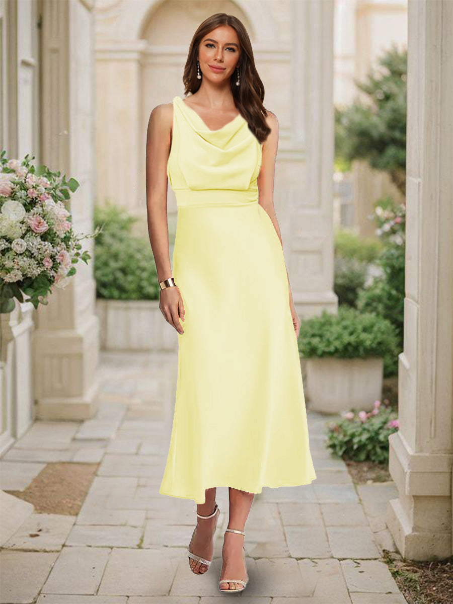 Trumpet Mermaid Cowl Neck Sleeveless Tea Length Ruched Bridesmaid Dresses