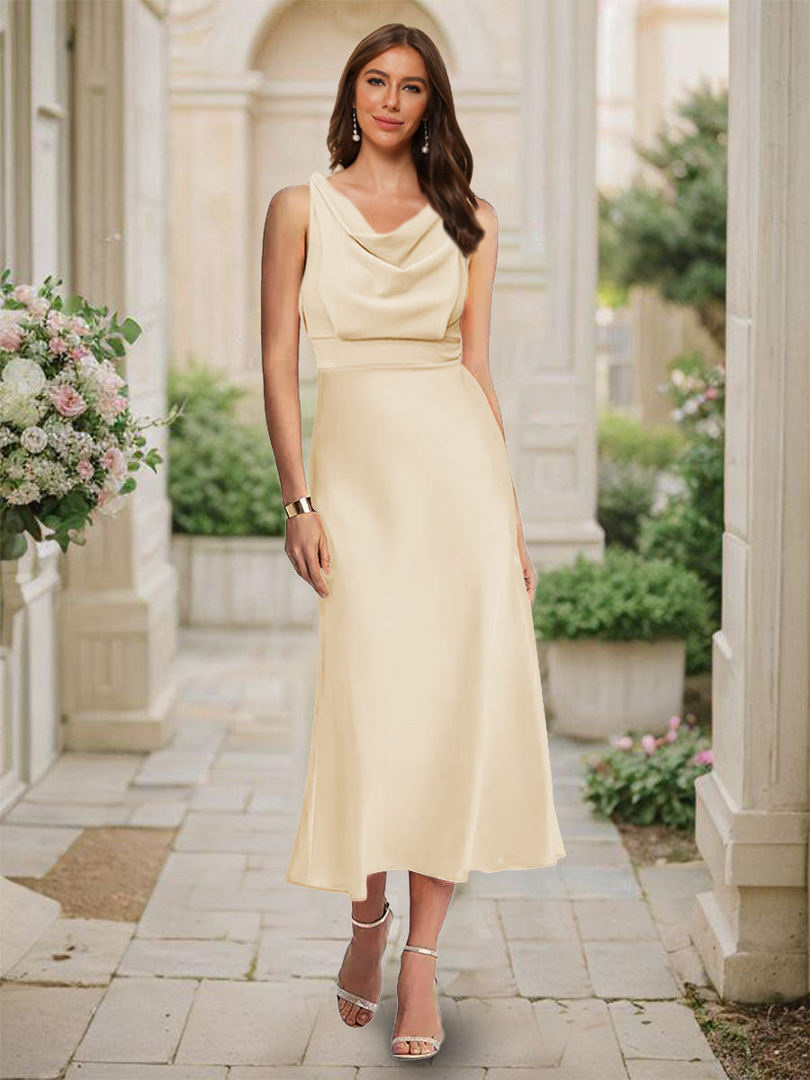 Trumpet Mermaid Cowl Neck Sleeveless Tea Length Ruched Bridesmaid Dresses