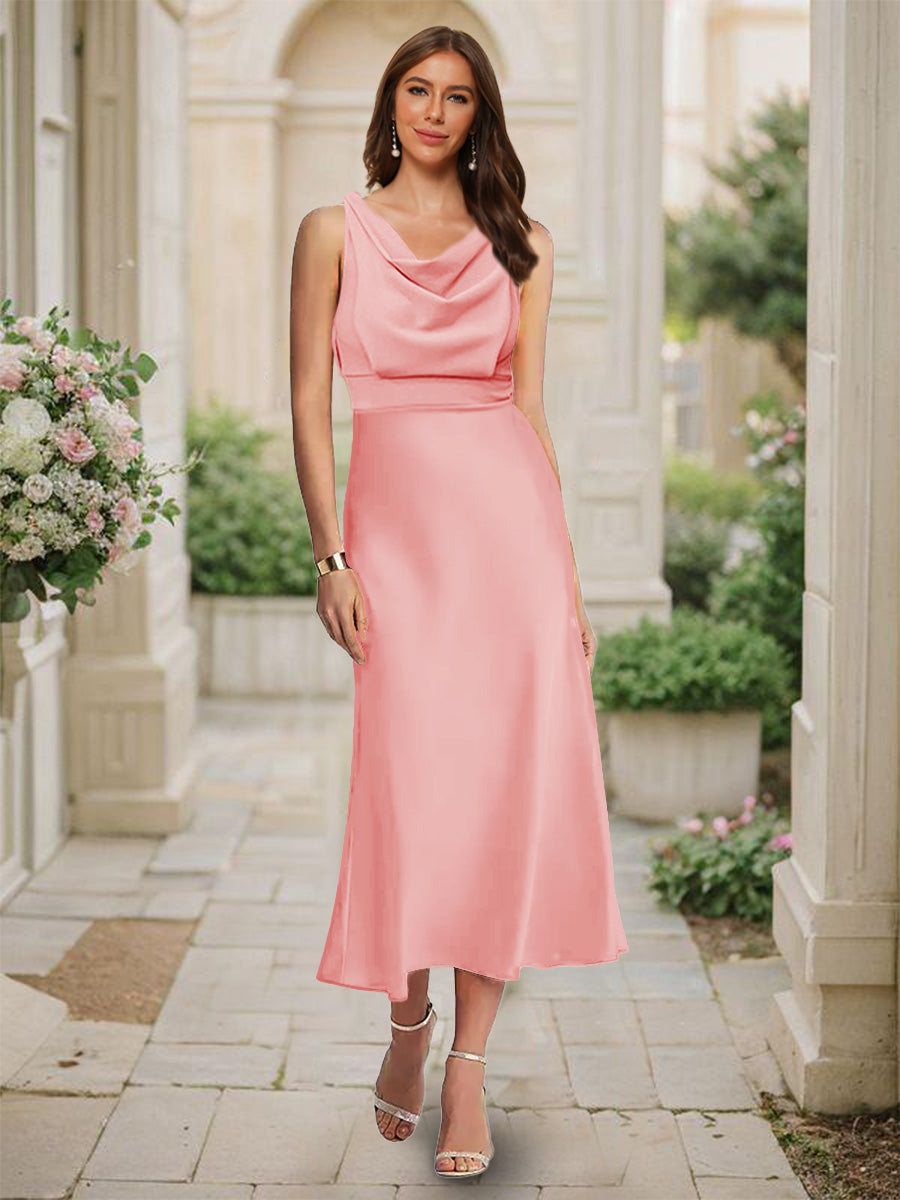 Trumpet Mermaid Cowl Neck Sleeveless Tea Length Ruched Bridesmaid Dresses