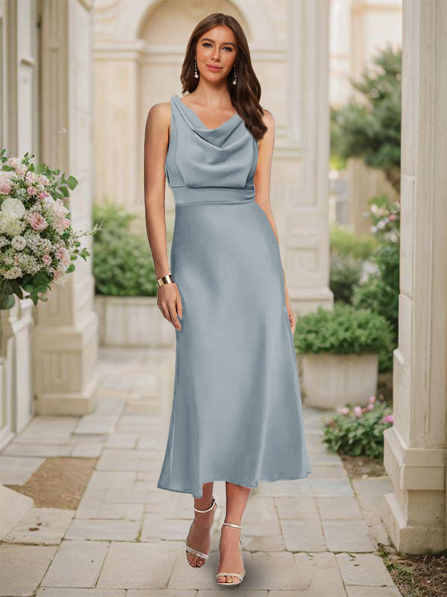 Trumpet Mermaid Cowl Neck Sleeveless Tea Length Ruched Bridesmaid Dresses