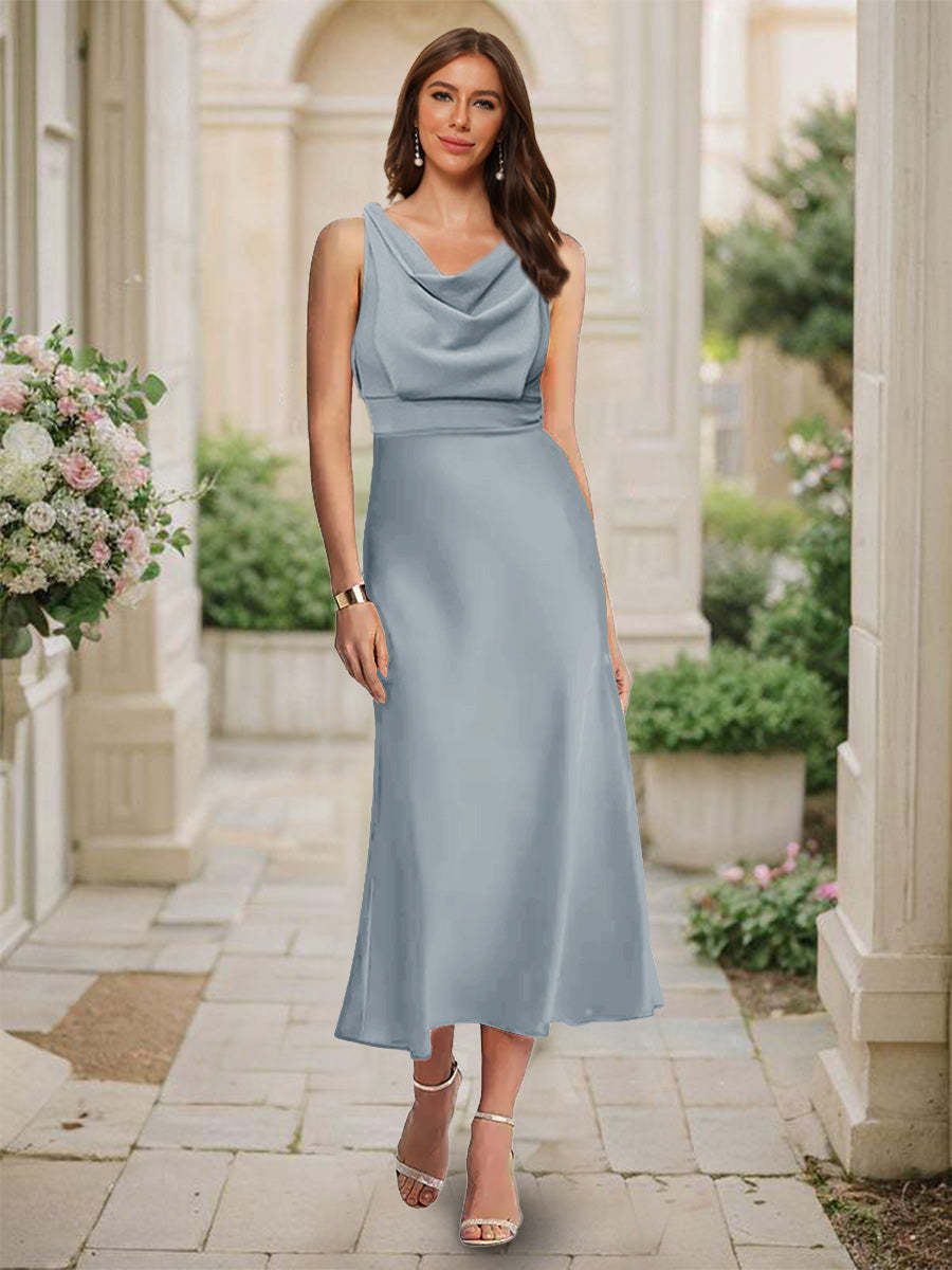 Trumpet Mermaid Cowl Neck Sleeveless Tea Length Ruched Bridesmaid Dresses
