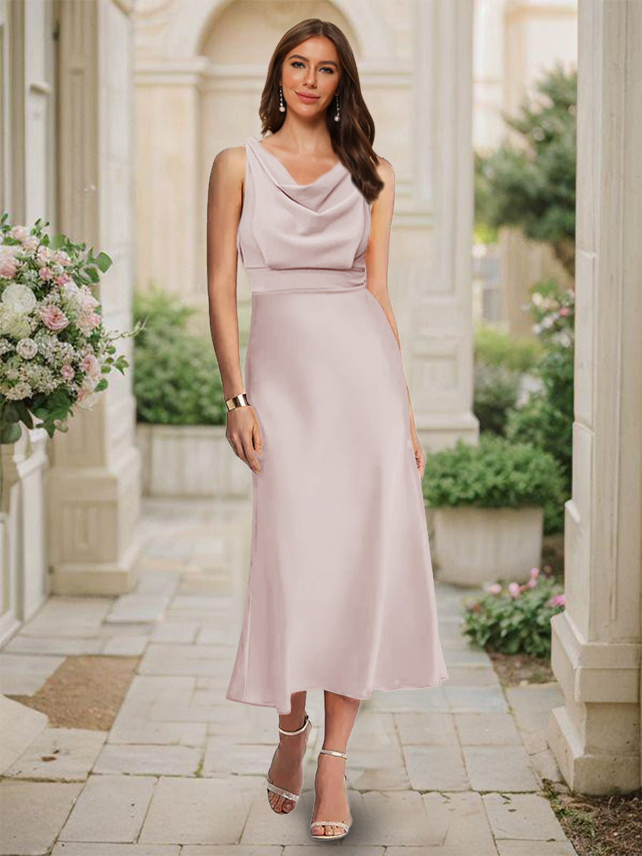 Trumpet Mermaid Cowl Neck Sleeveless Tea Length Ruched Bridesmaid Dresses