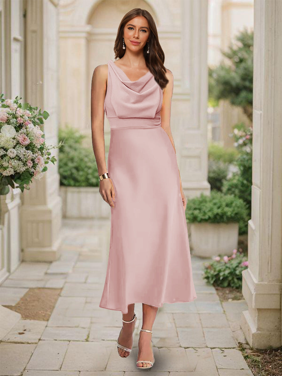 Trumpet Mermaid Cowl Neck Sleeveless Tea Length Ruched Bridesmaid Dresses