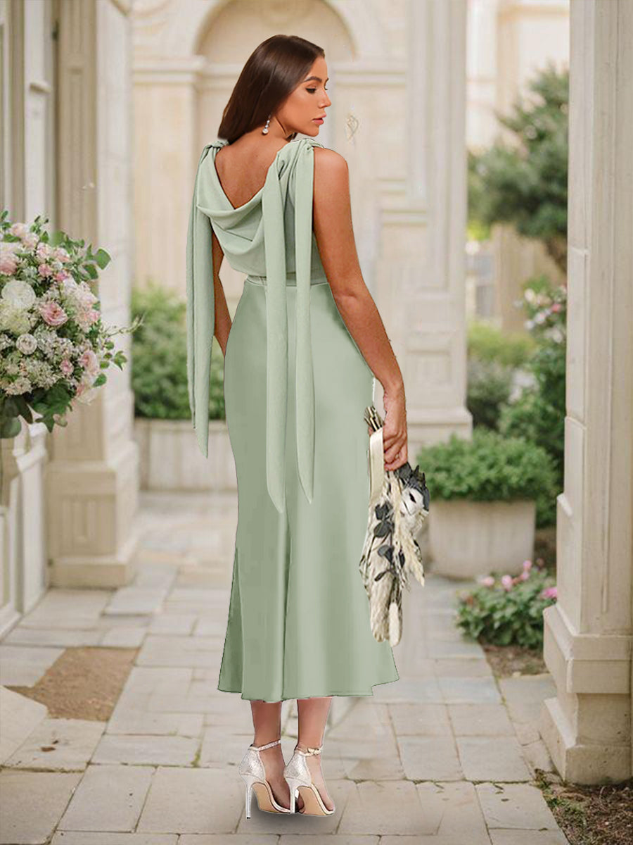 Trumpet Mermaid Cowl Neck Sleeveless Tea Length Ruched Bridesmaid Dresses