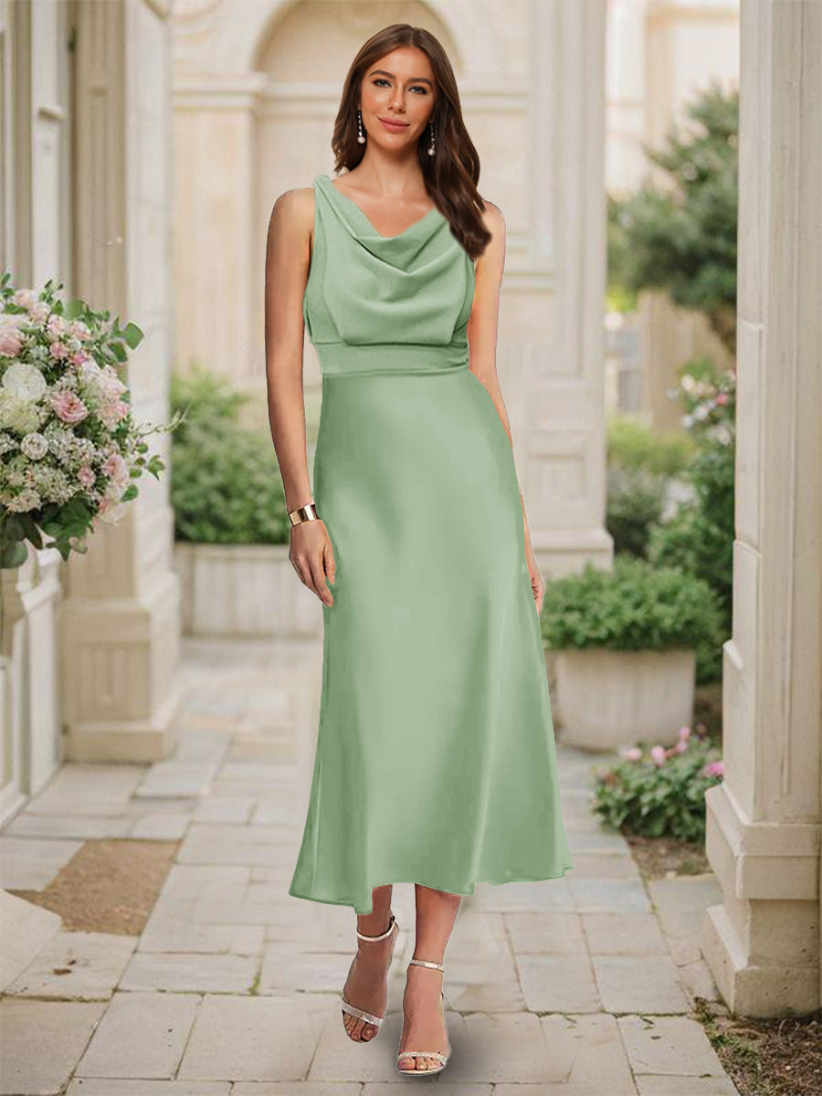 Trumpet Mermaid Cowl Neck Sleeveless Tea Length Ruched Bridesmaid Dresses