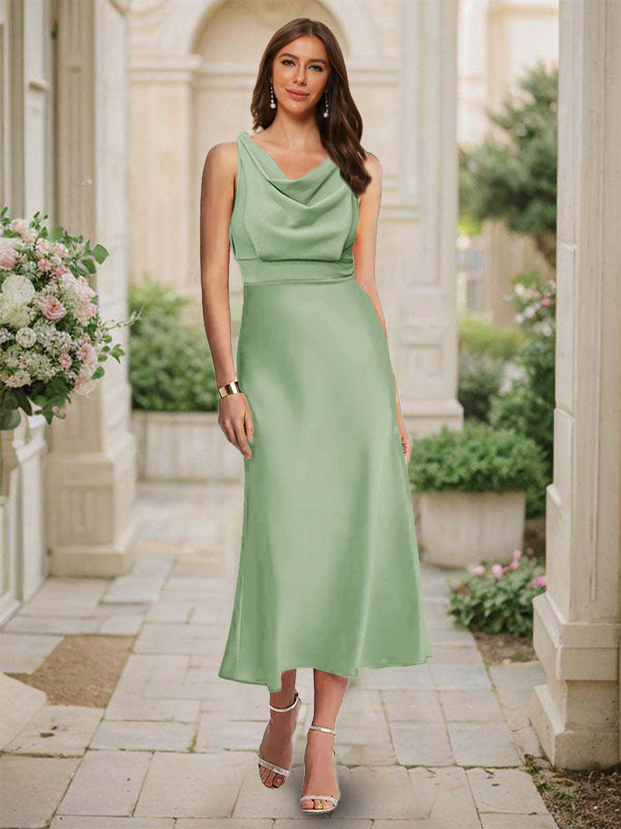Trumpet Mermaid Cowl Neck Sleeveless Tea Length Ruched Bridesmaid Dresses