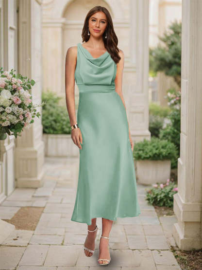 Trumpet Mermaid Cowl Neck Sleeveless Tea Length Ruched Bridesmaid Dresses